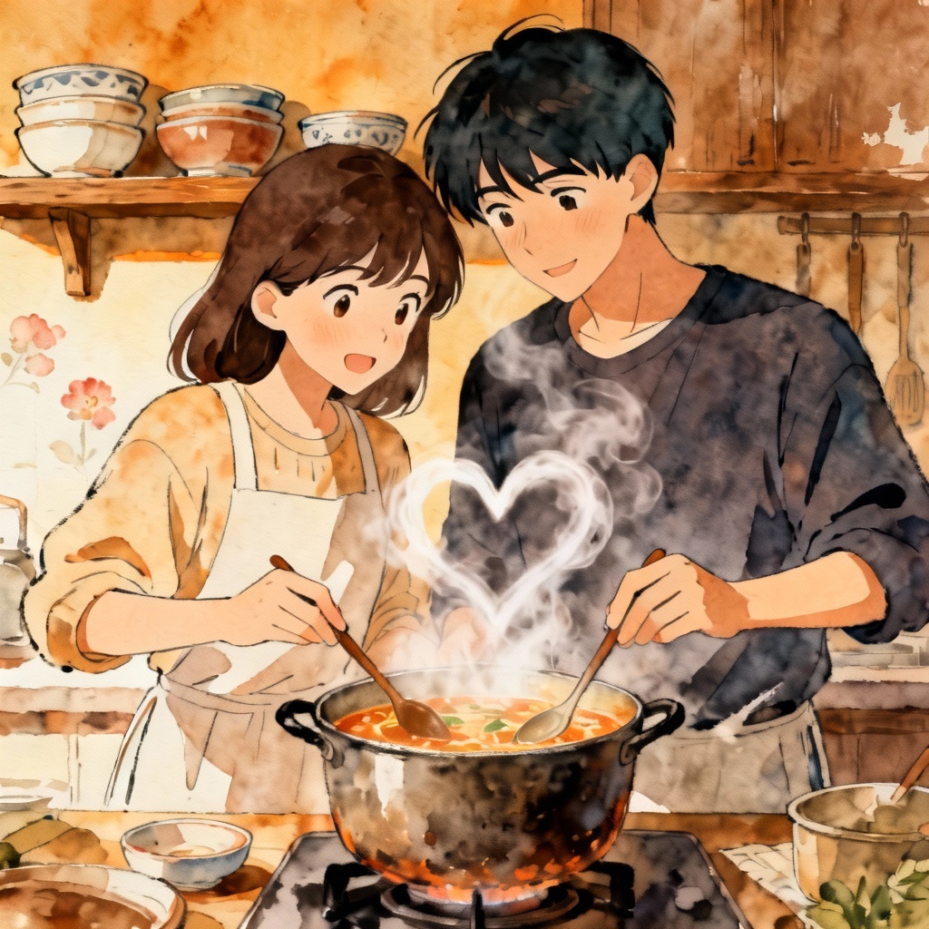 AI cozy kitchen scene with a couple cooking together