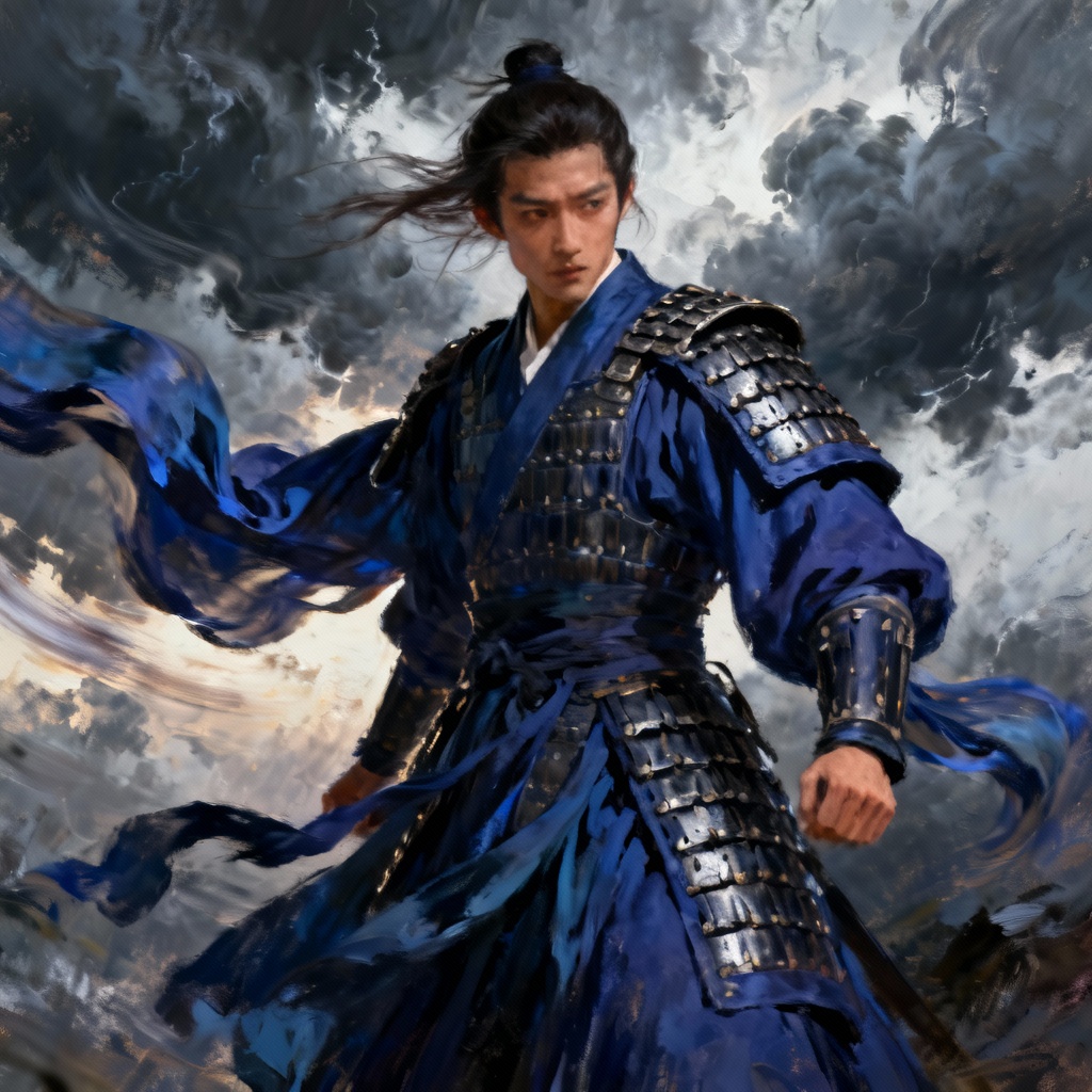 AI concept art of a warrior in cobalt blue hanfu armor