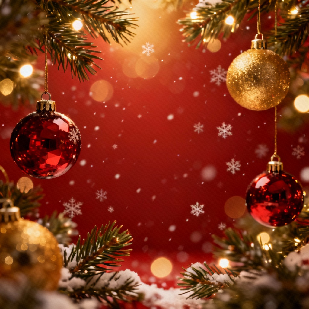 Red and gold Christmas background with bokeh lights and ornaments