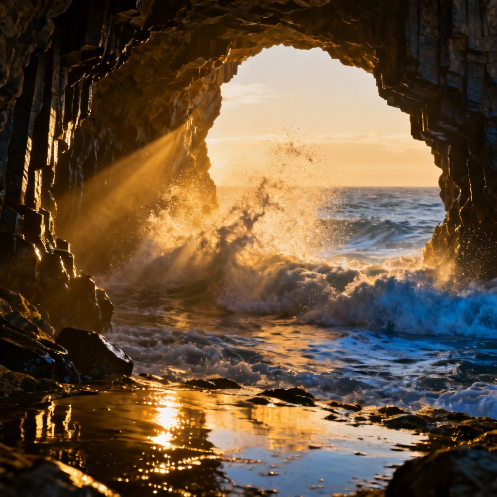 AI sunlit sea cave with waves and golden beams