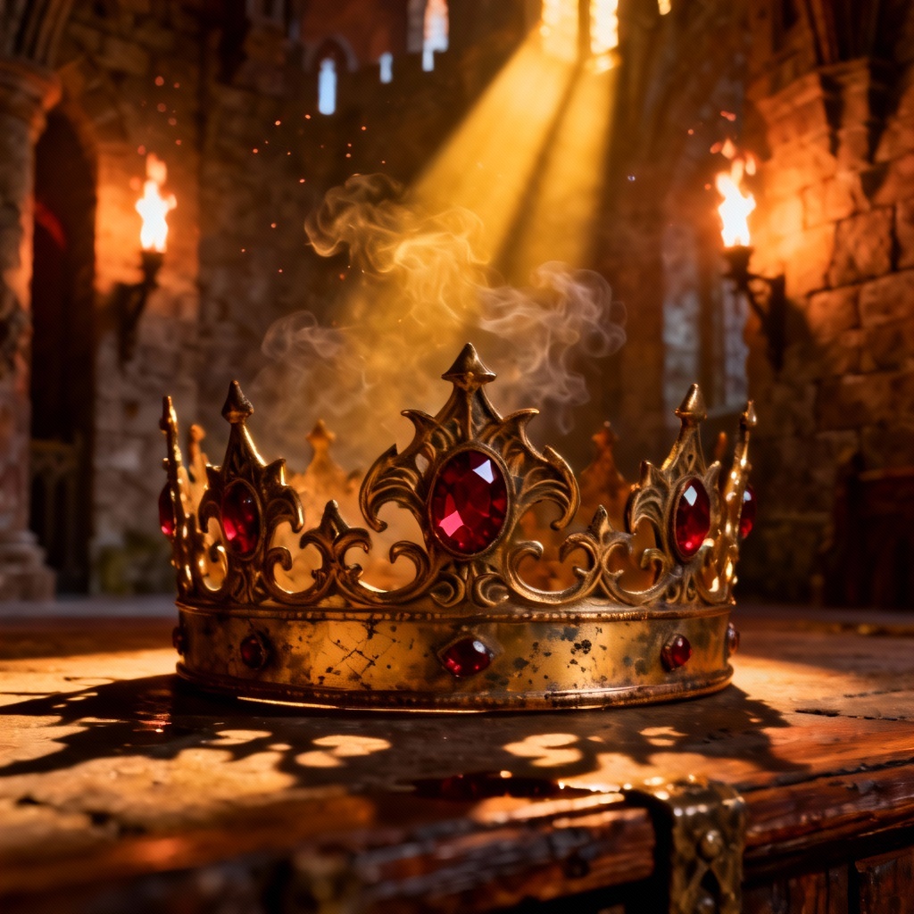 Medieval king’s golden crown with rubies and gothic engravings