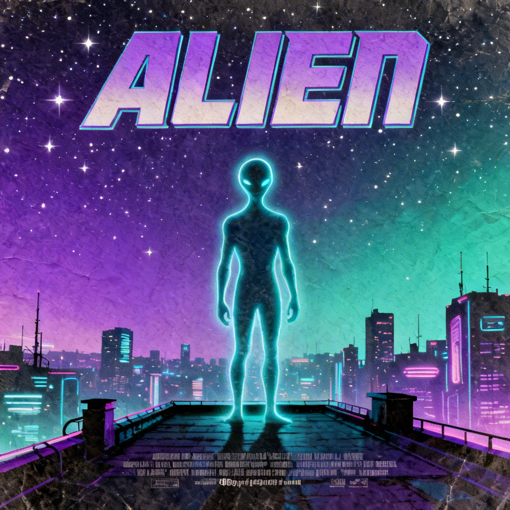AI alien poster in neon vaporwave style with cosmic city backdrop