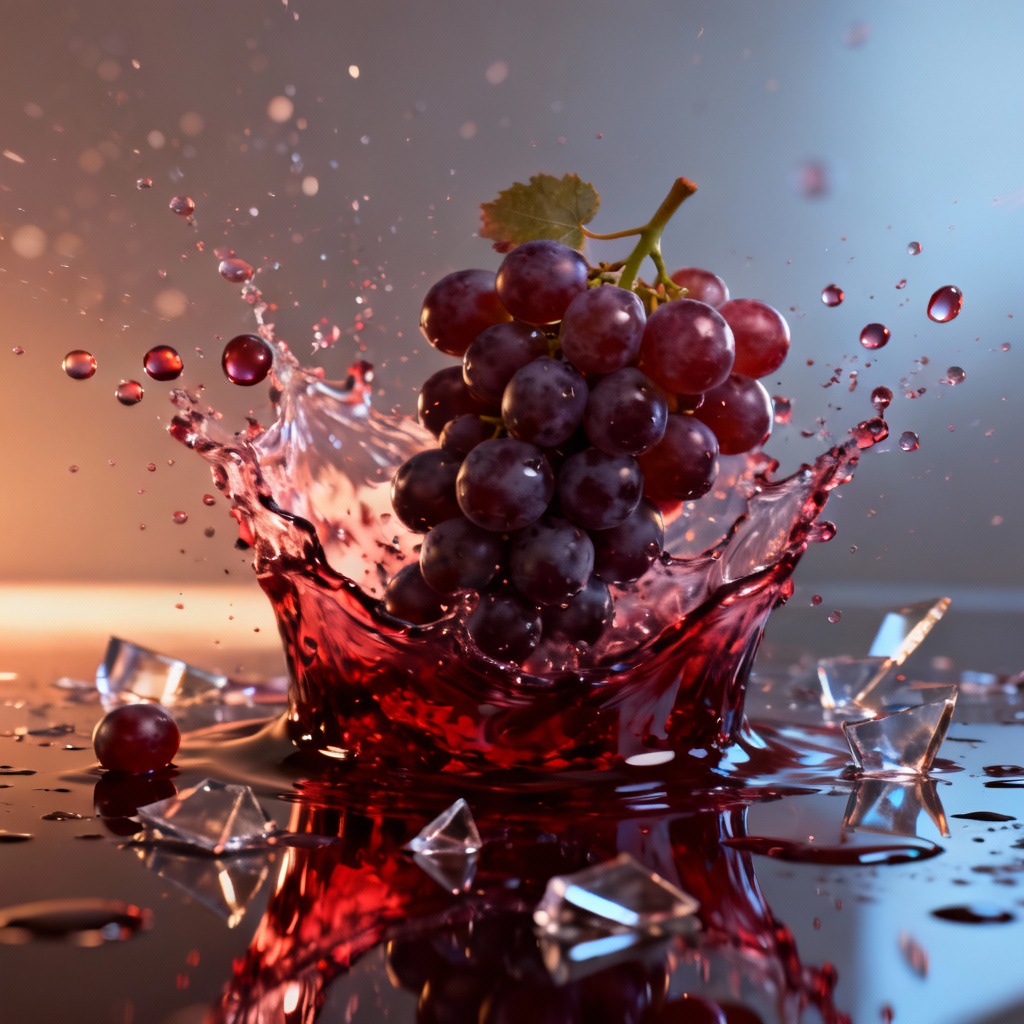 3D CGI render of grapes splashing through wine