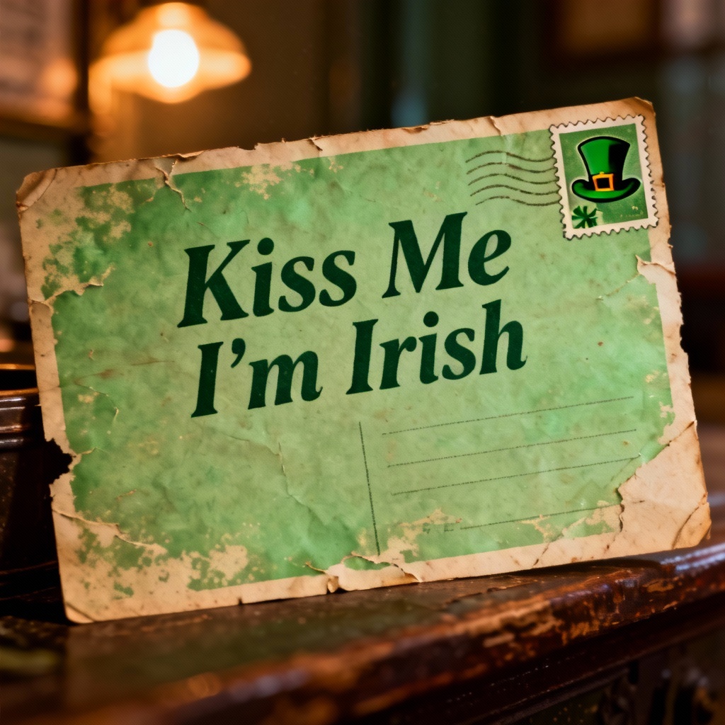 Vintage postcard style Irish card with leprechaun hat and distressed paper