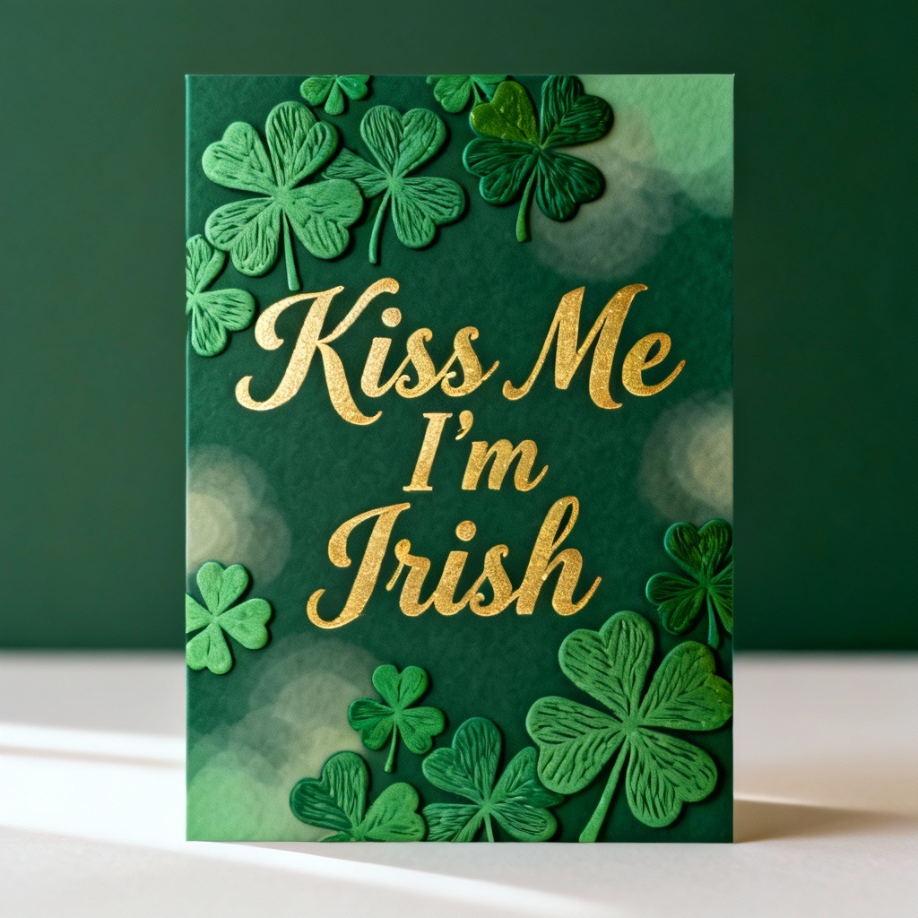 Kiss Me I'm Irish card with gold foil look and shamrock border