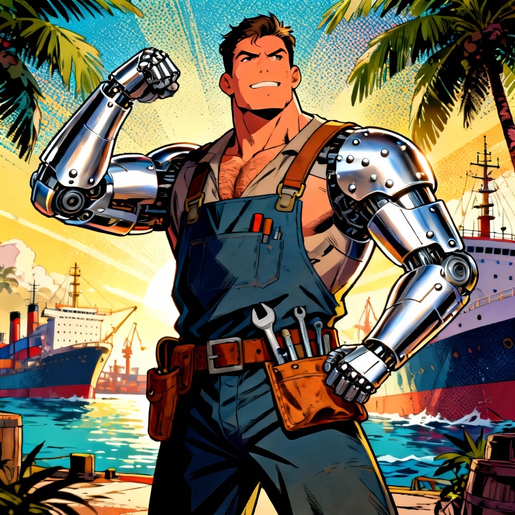 Cyborg shipwright flexing mechanical arm