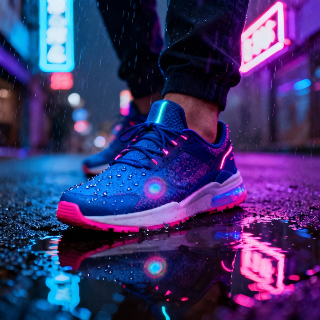 AI neon city puddle reflection with sneakers