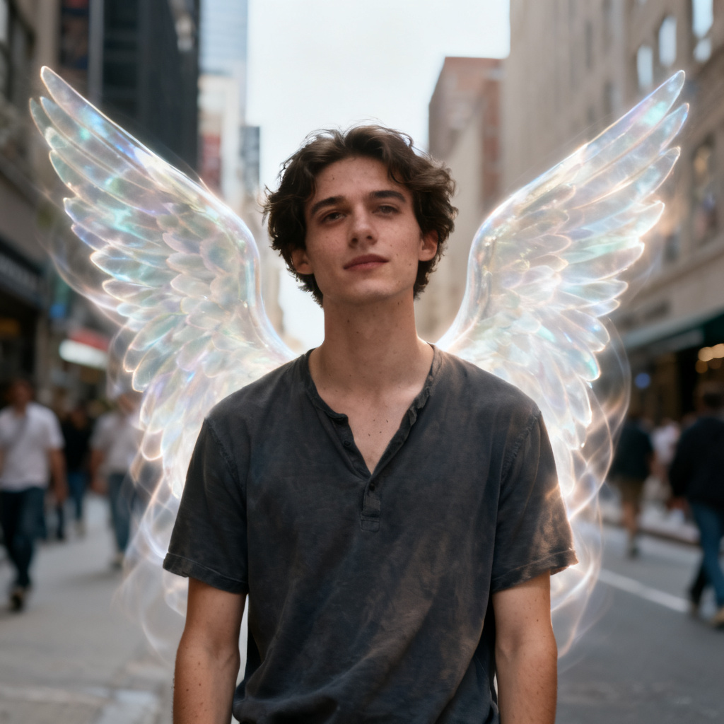 Street fashion photo enhanced with translucent wings