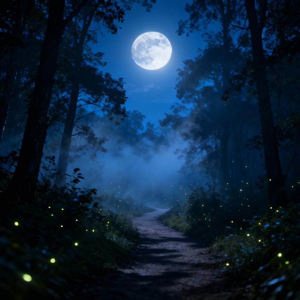 AI moonlit forest path with mist and fireflies