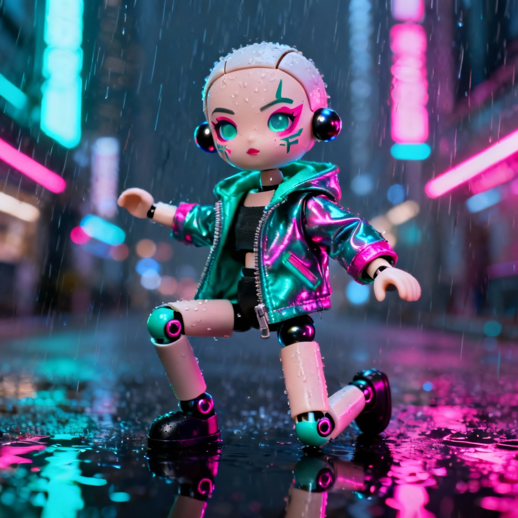 AI cyberpunk ball-jointed doll with neon accents