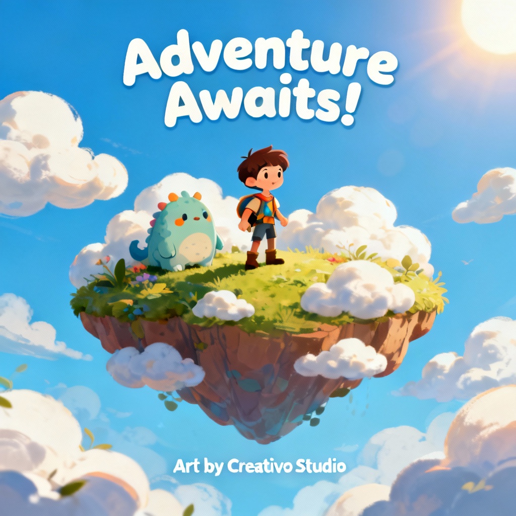 AI animated family adventure poster with floating island