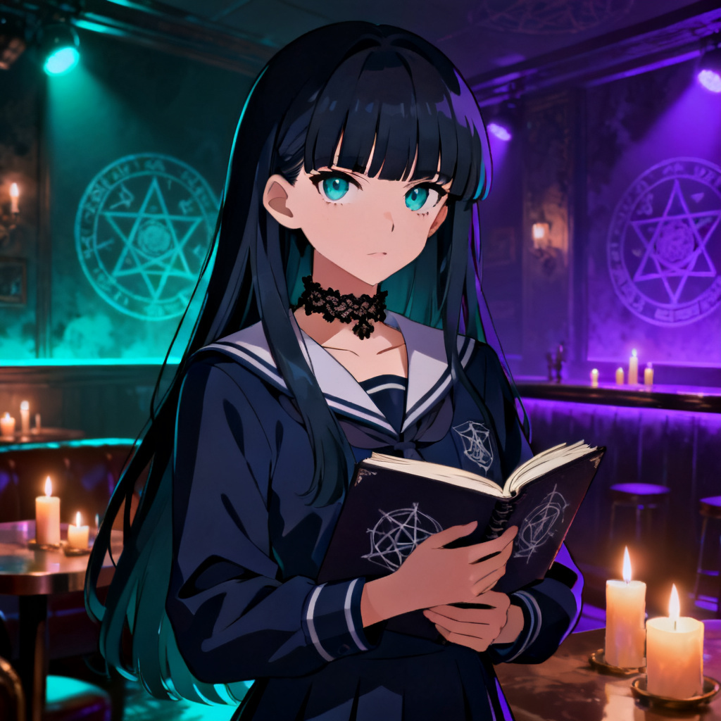 AI yan sim occult club OC with dark uniform and candles