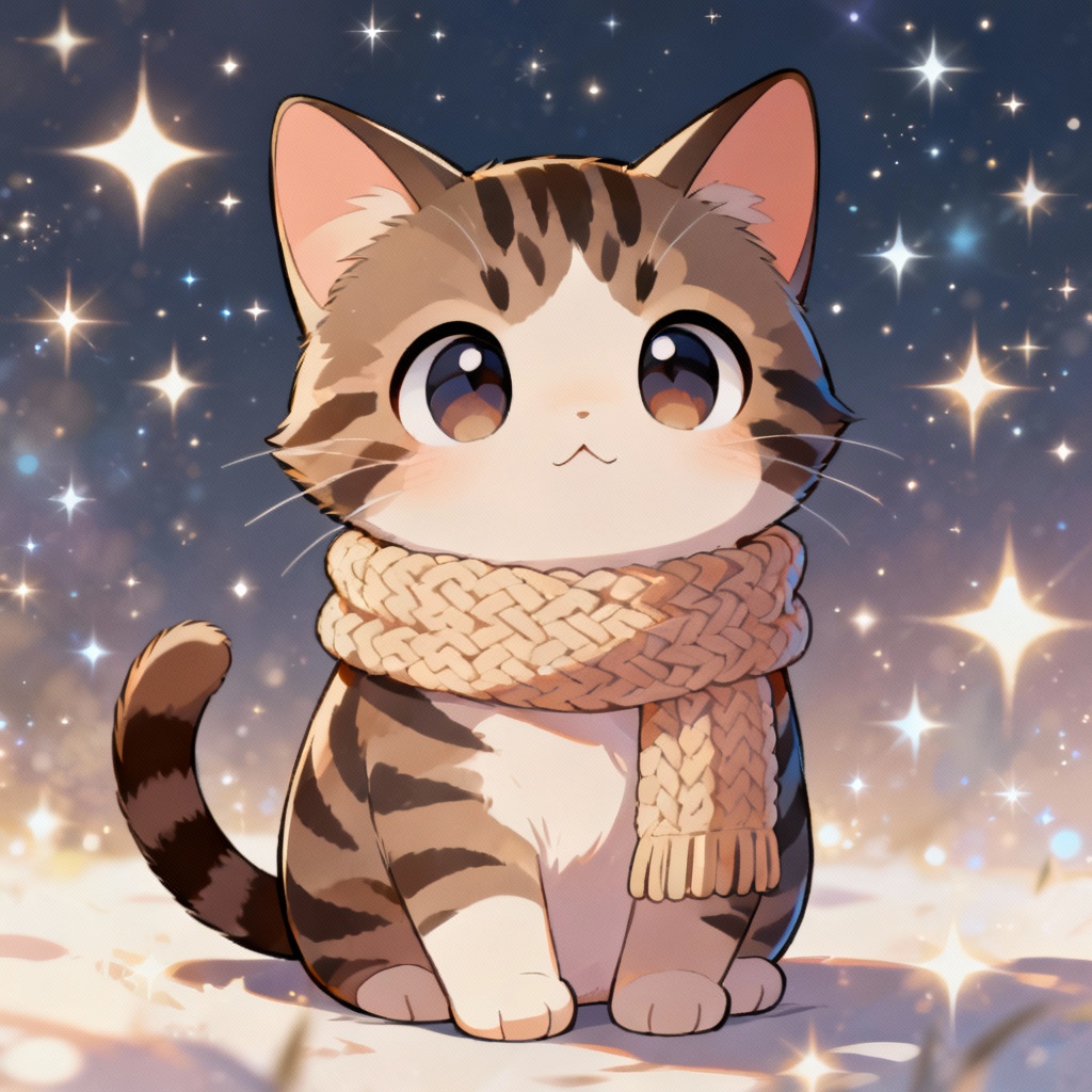 Cute chibi anime tabby with scarf and starry background