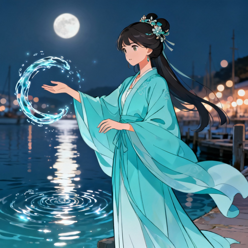AI Hydro healer casting water ring in moonlit harbor