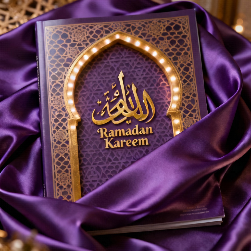 Royal purple silk Ramadan card with gold arch and calligraphy