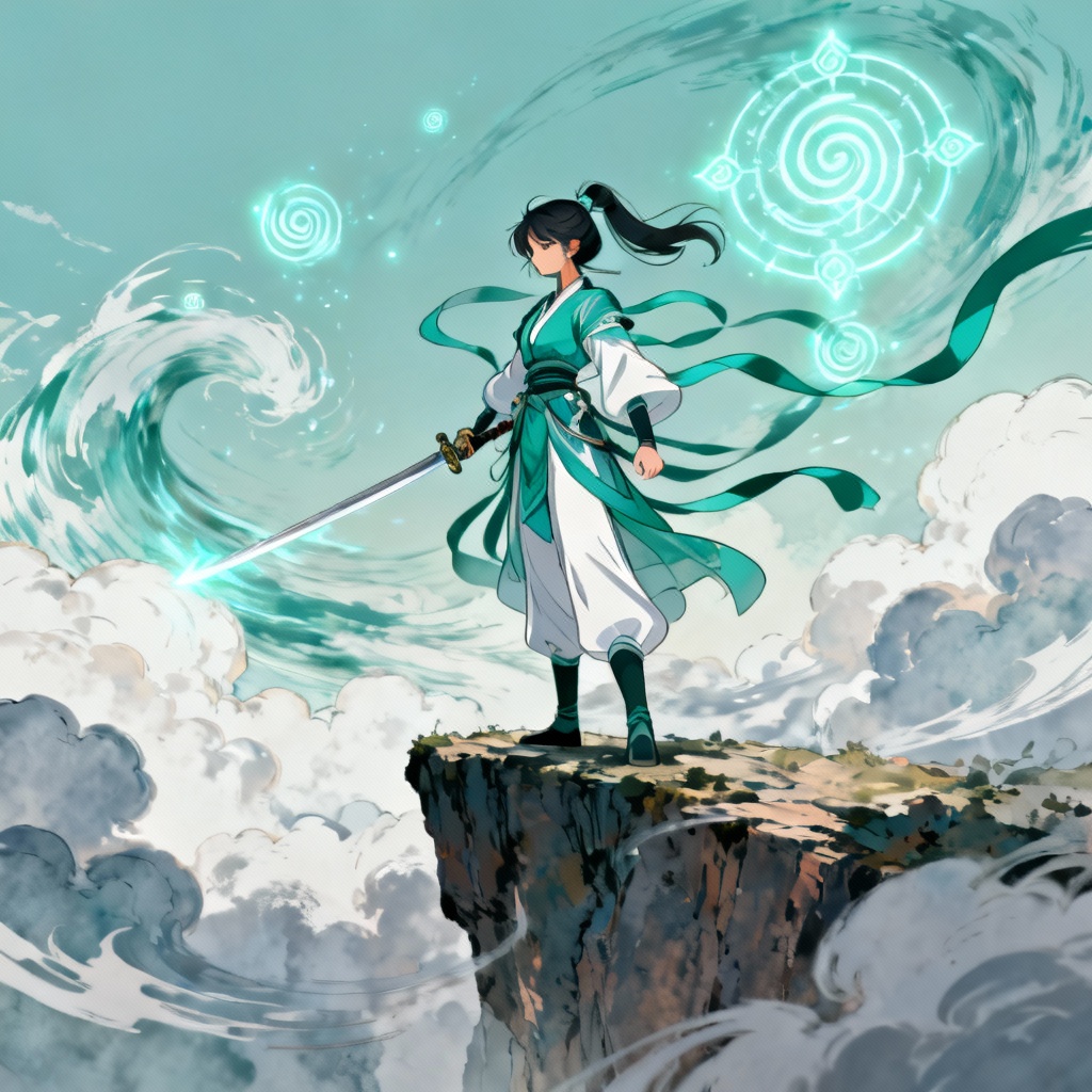 AI Genshin-style swordswoman with Anemo wind effects on a cliff