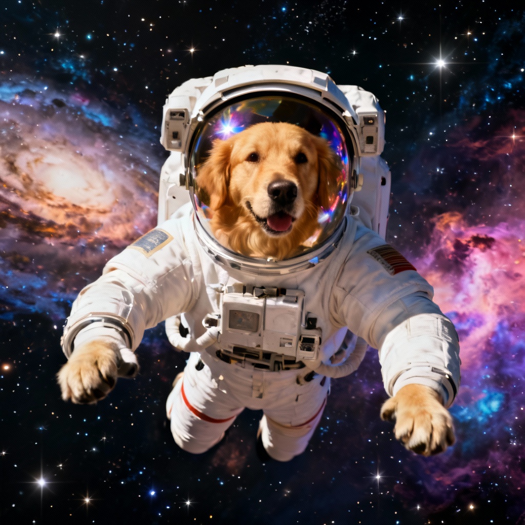 Golden retriever astronaut floating in space
