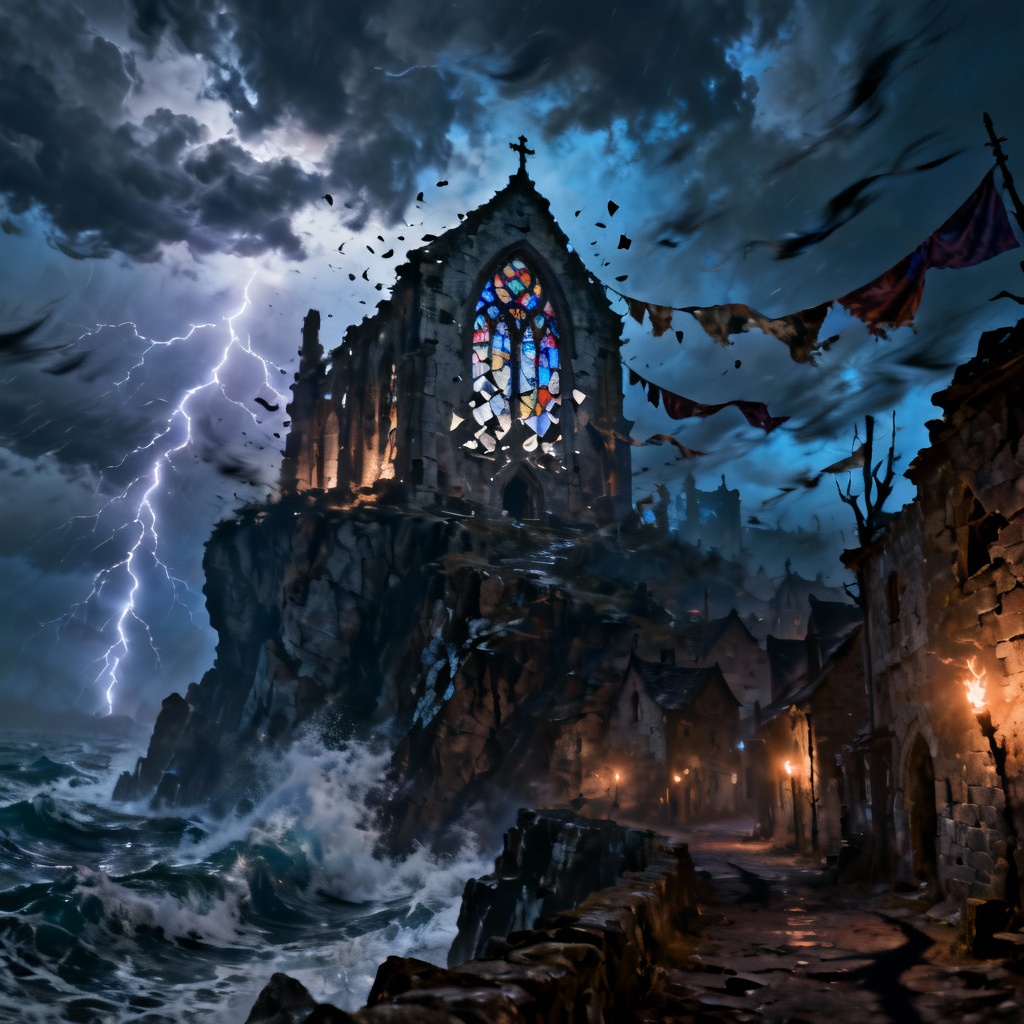 AI haunted village below cliffside chapel ruin with stormy sky