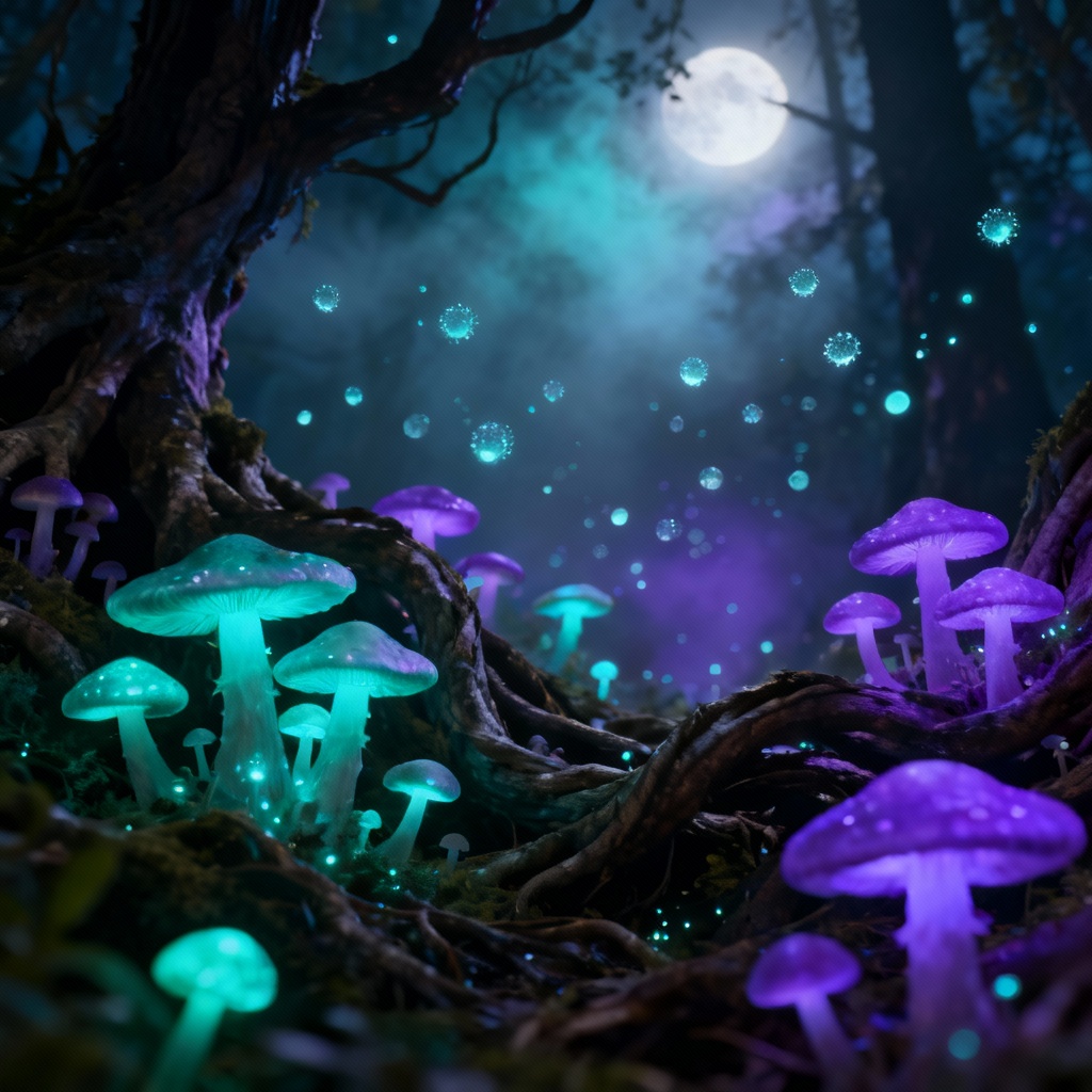 AI enchanted forest with glowing mushrooms at night