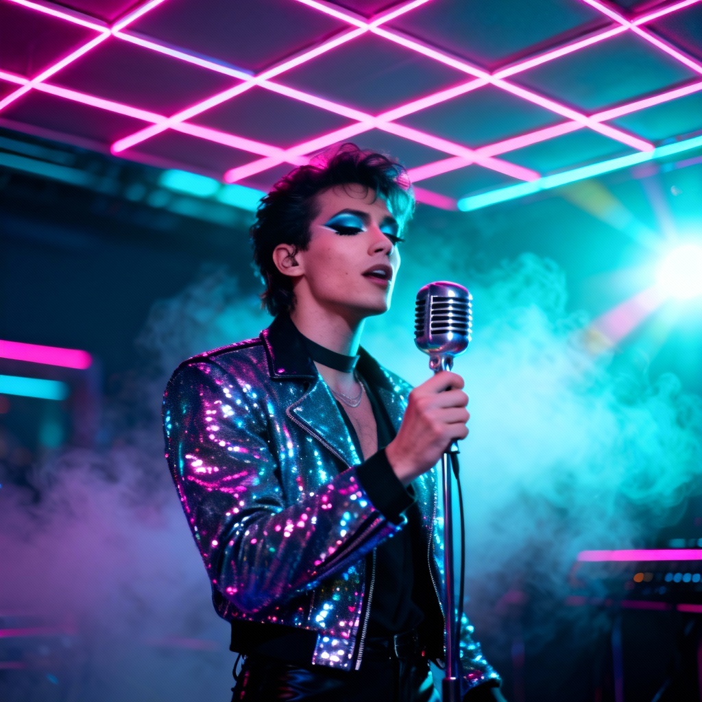 AI synthwave virtual singer on neon stage