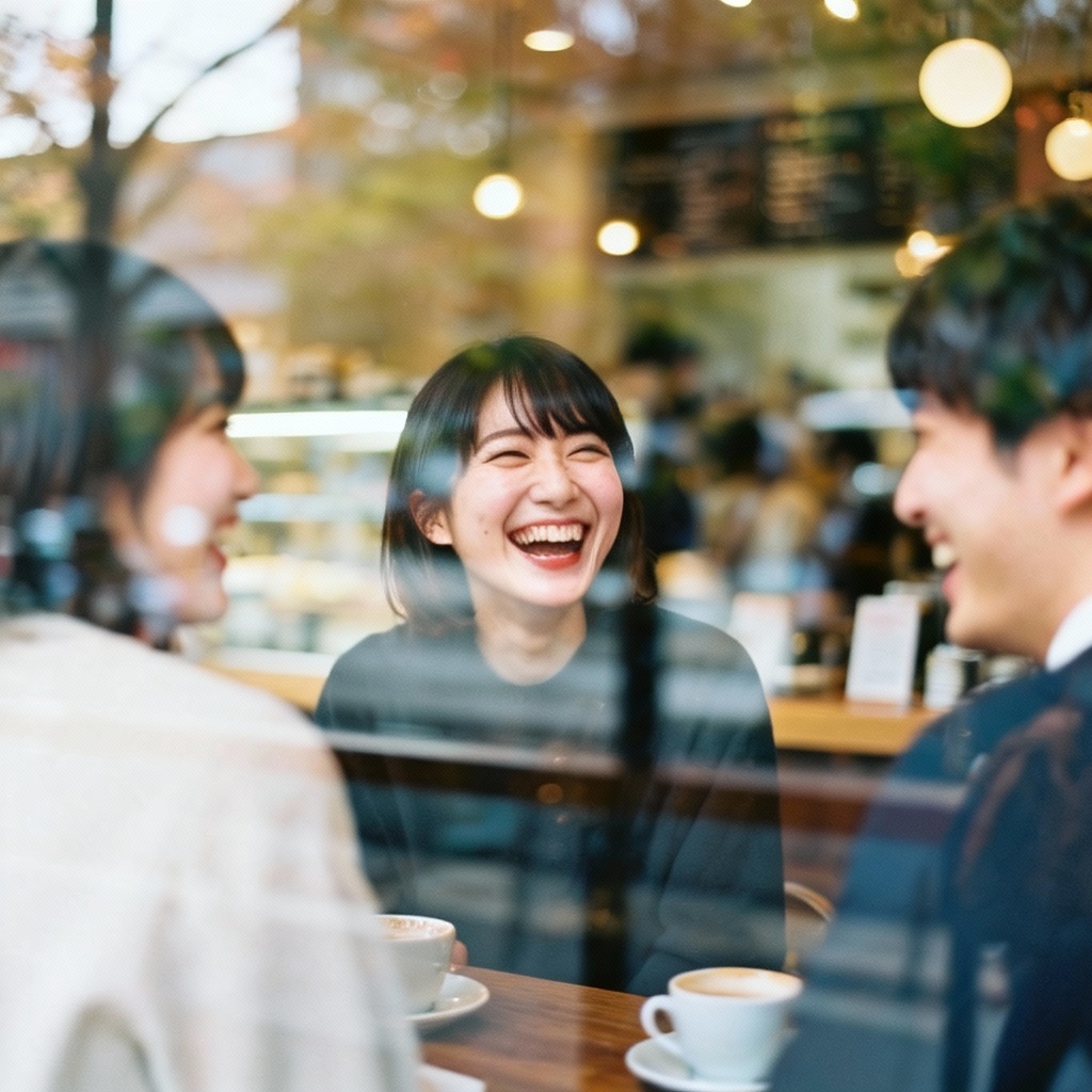 AI candid coffee shop reflection portrait