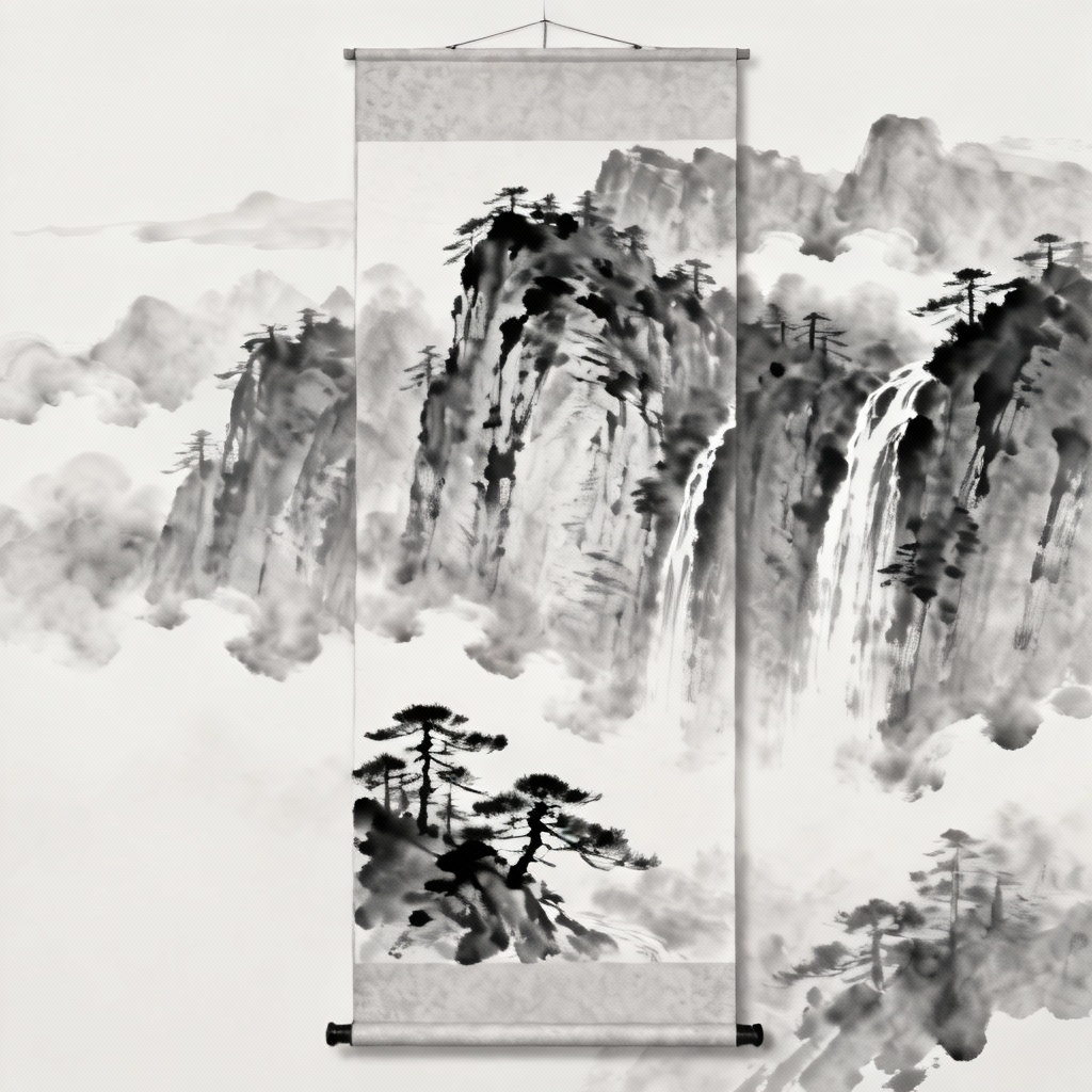 AI ink wash waterfall landscape on rice paper