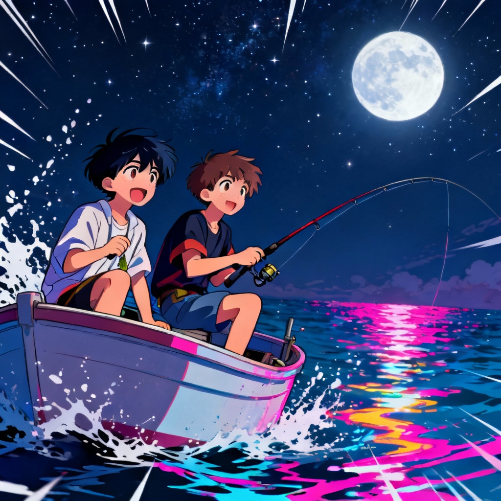 AI anime boat fishing at night under moonlight