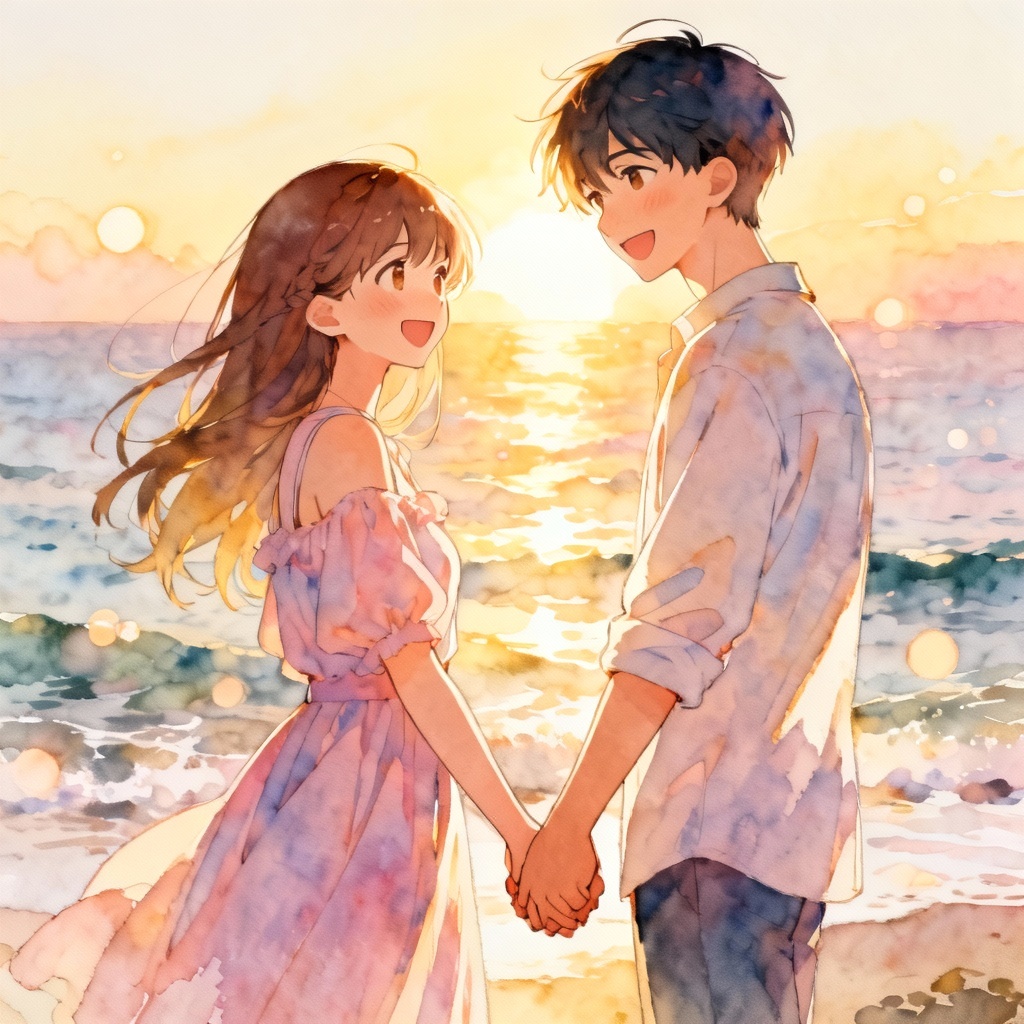 AI cute couple illustration at sunset holding hands