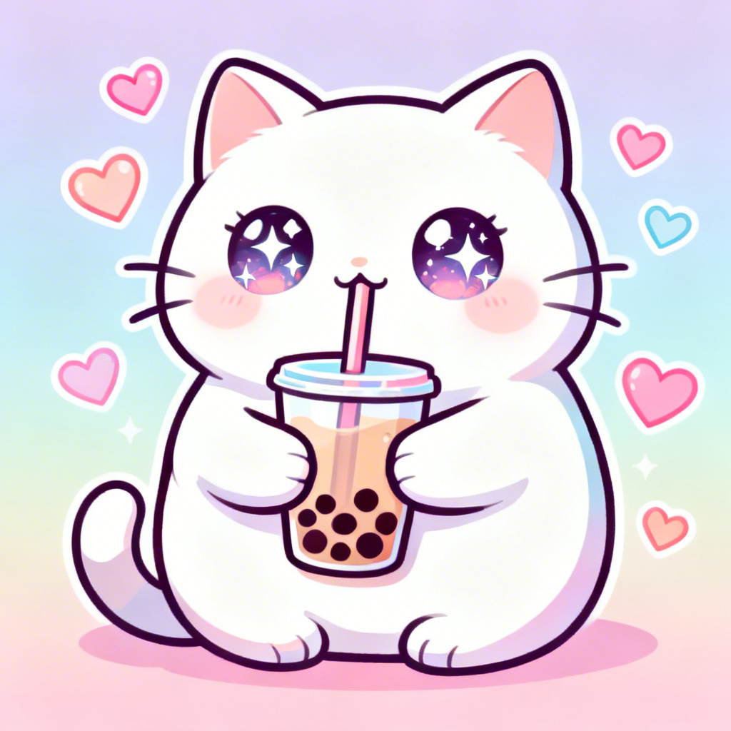 Kawaii chubby cat hugging a bubble tea cup