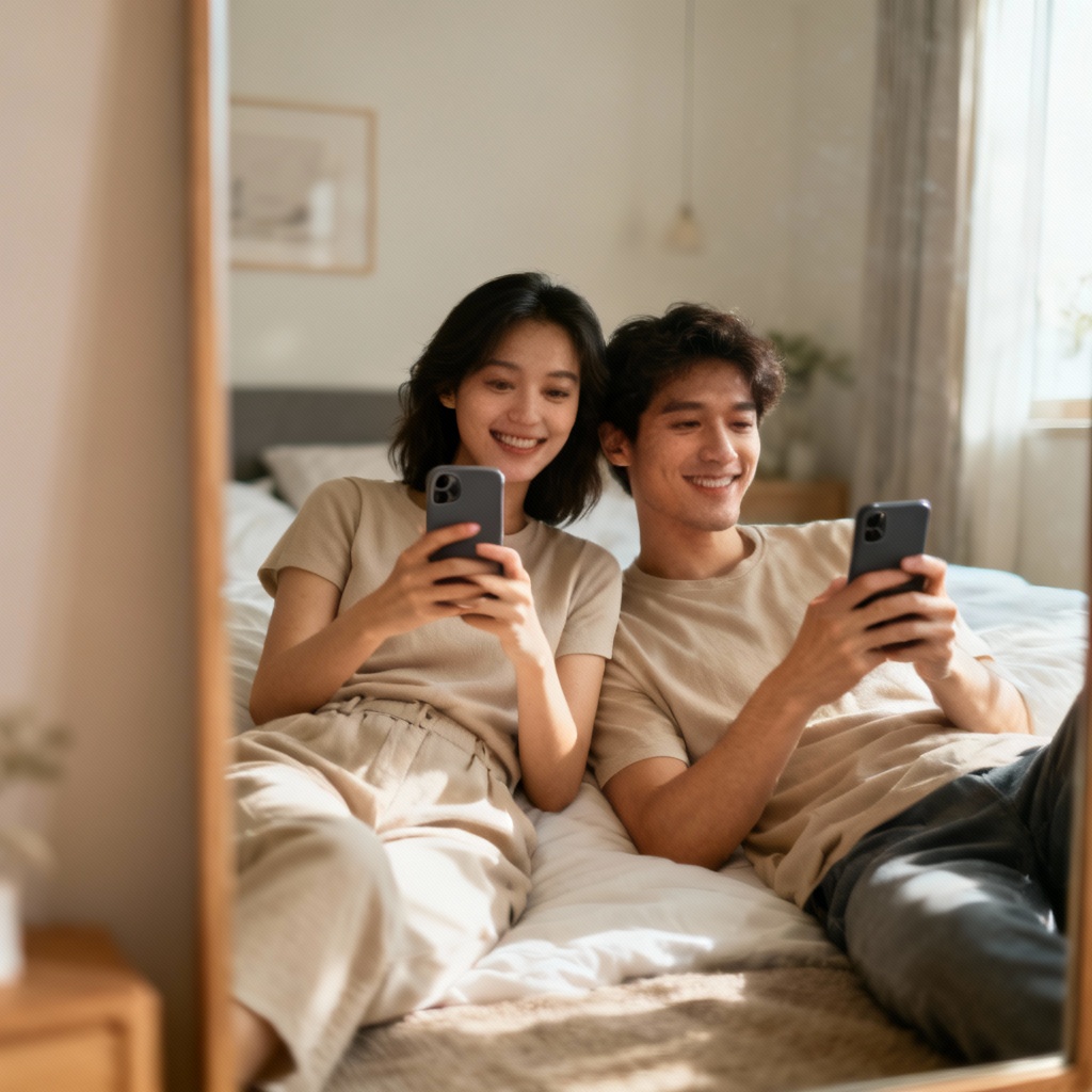 AI couple casual pose mirror selfie reference