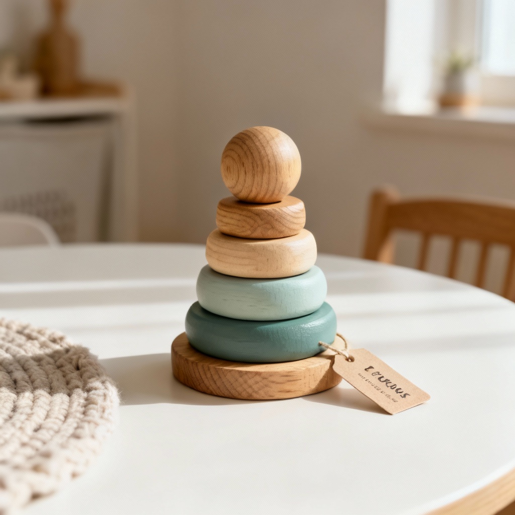 AI concept image of a wooden Montessori stacker toy