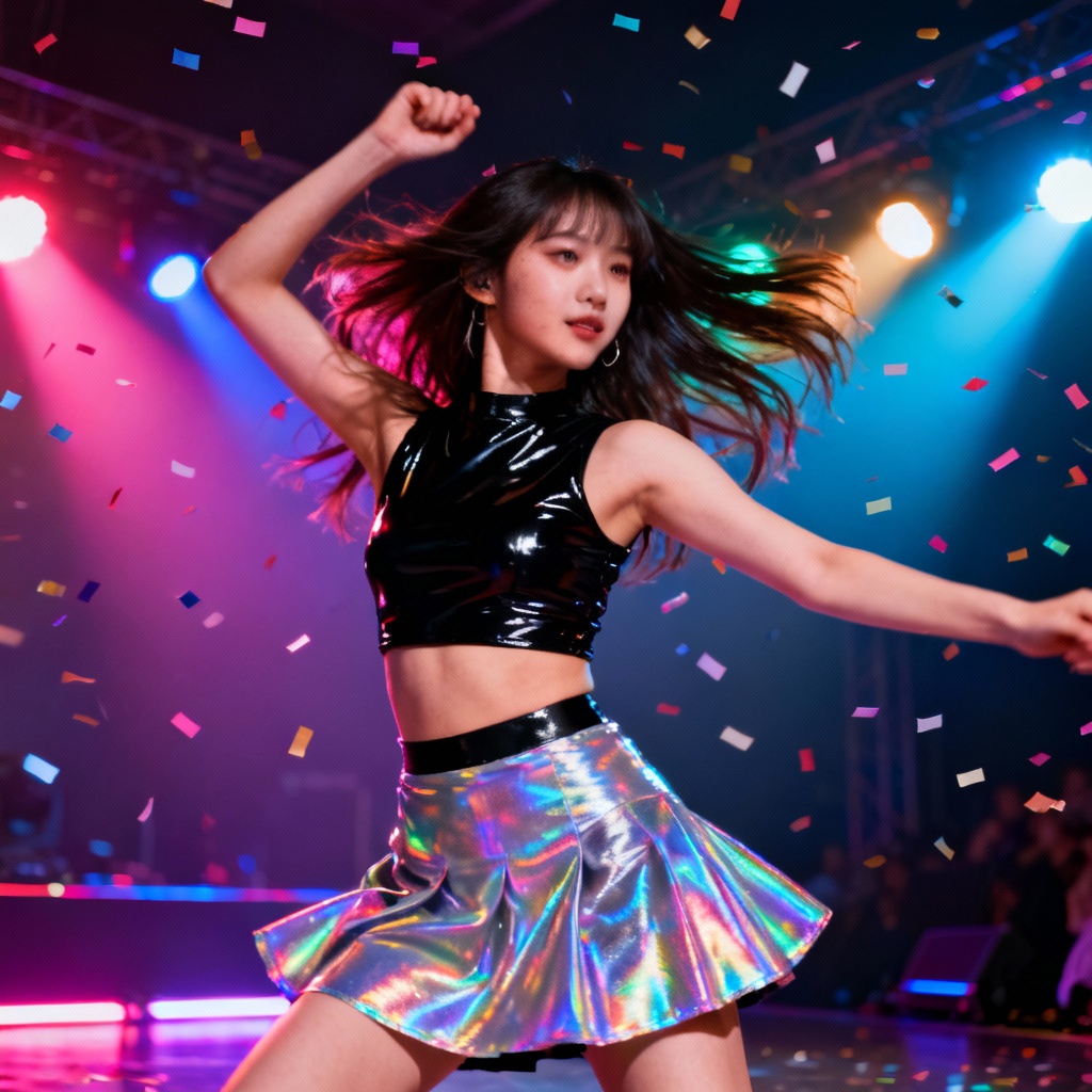 AI dancing girl performing on neon K-pop stage