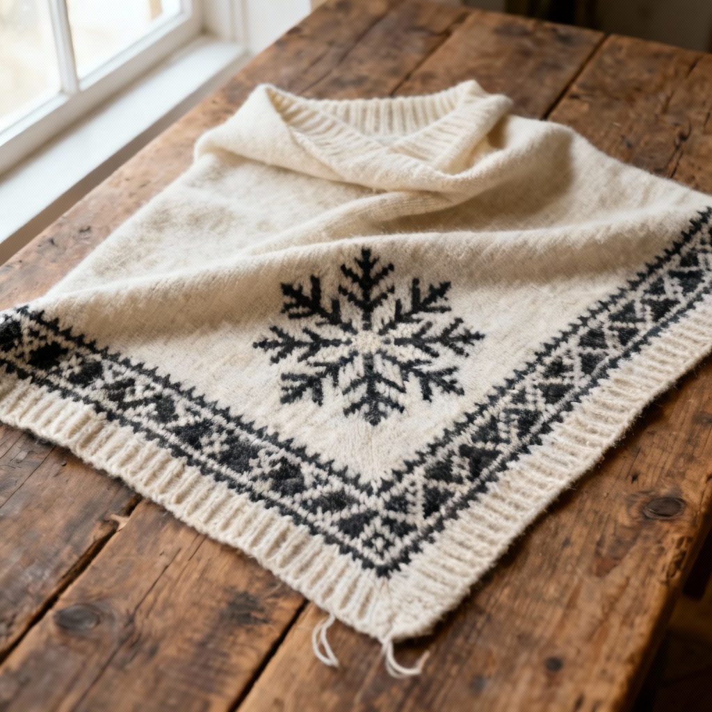 Cozy Nordic knit shawl flat lay with snowflake pattern