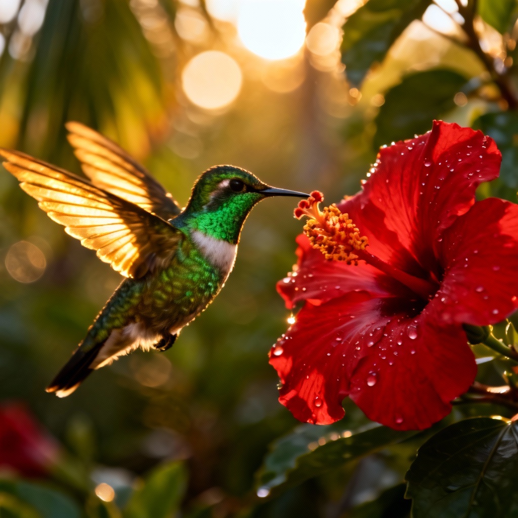 AI-generated hummingbird hovering over tropical flower with bokeh