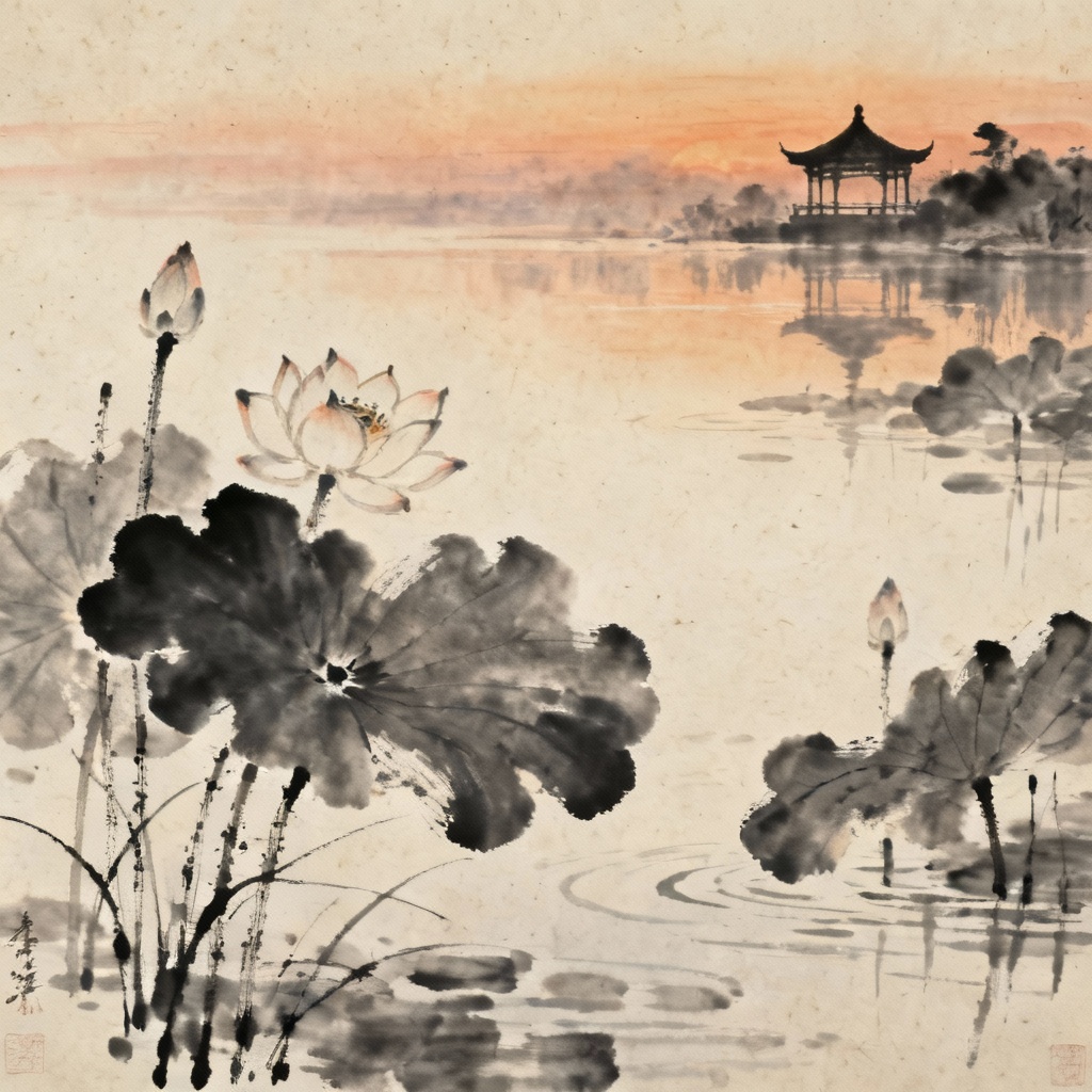 AI lotus pond at dusk in traditional Chinese painting style