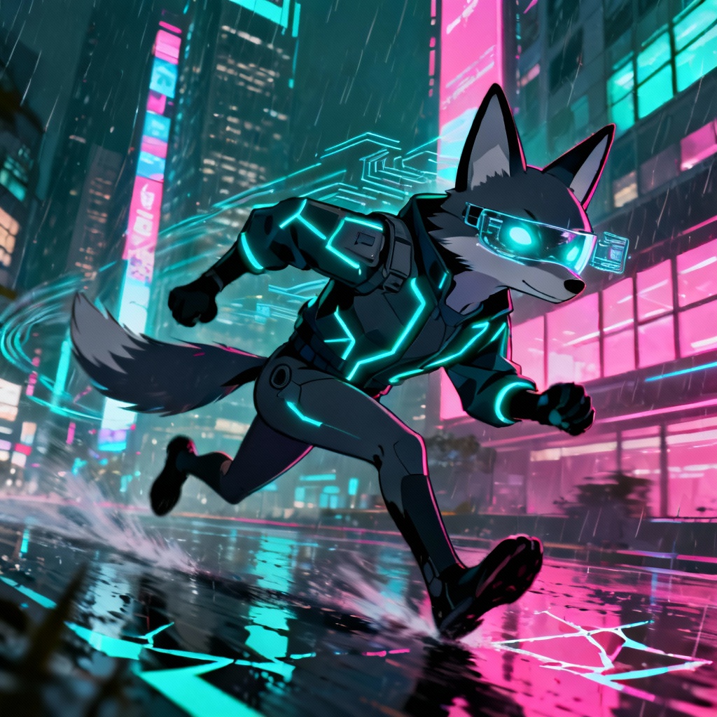 AI cyberpunk fox character in neon city