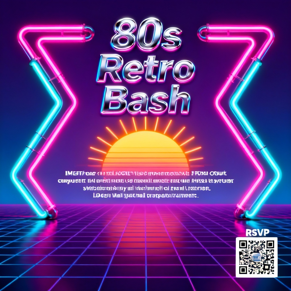 AI neon retro 80s birthday party invitation with grid and synthwave sun