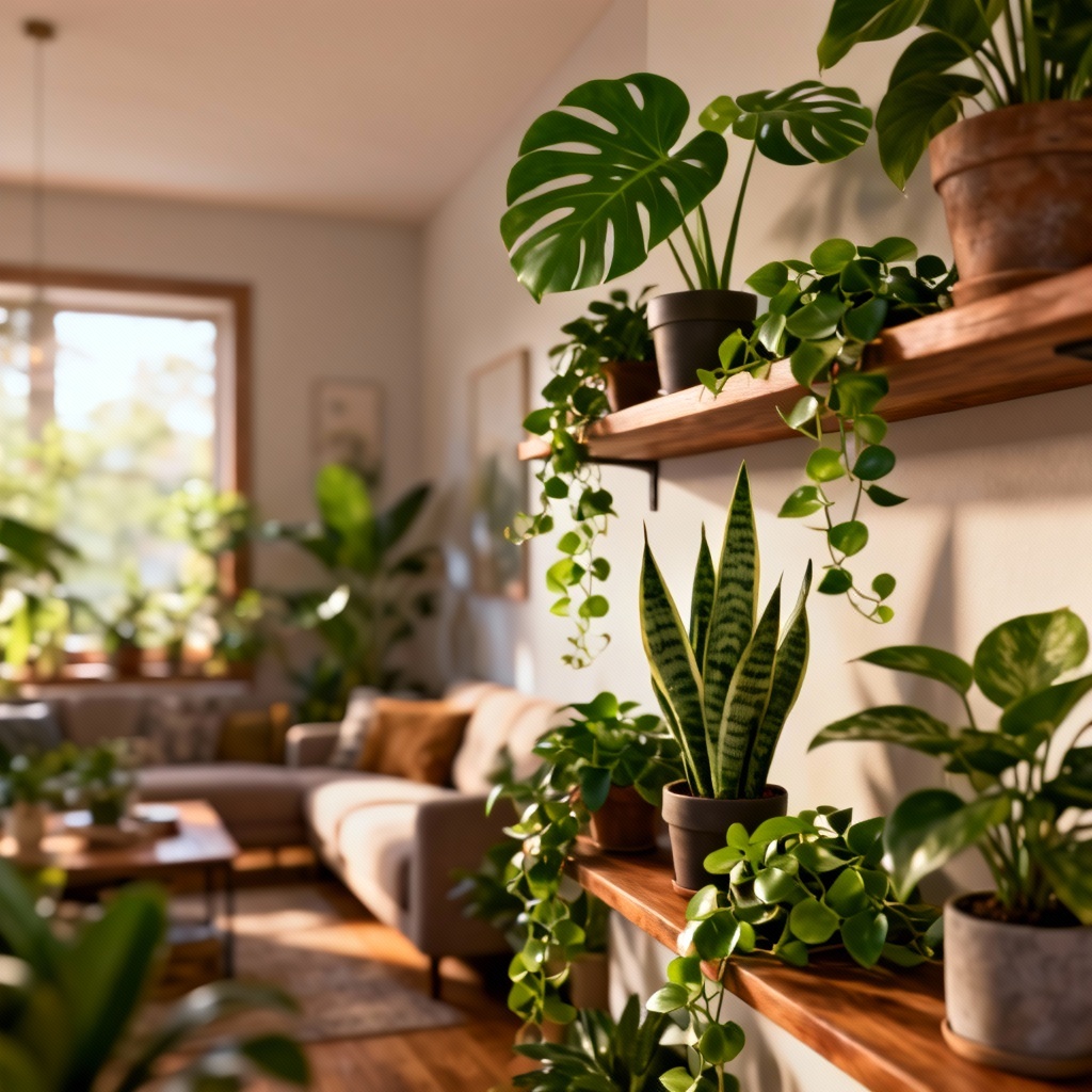 Lush AI-generated indoor plant jungle with soft daylight and natural textures