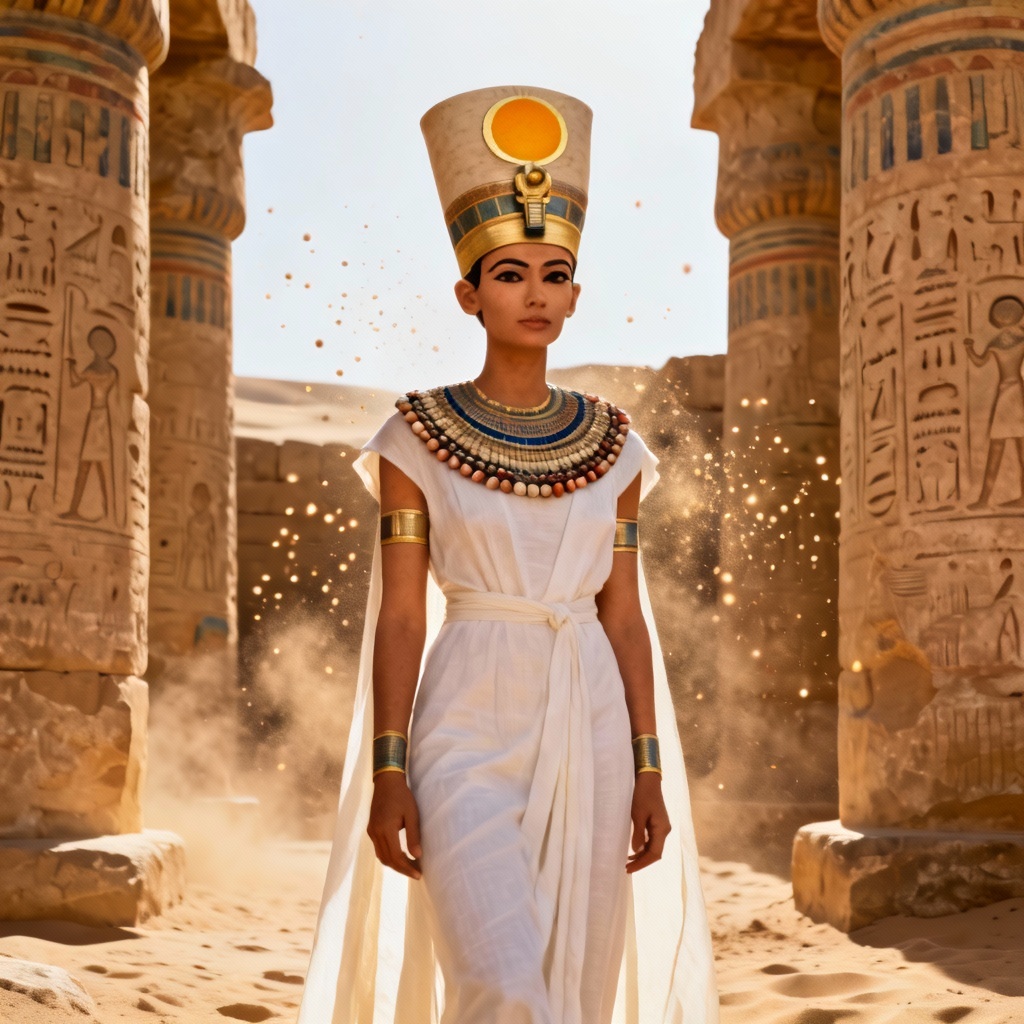 AI Egyptian Queen standing pose with temple columns