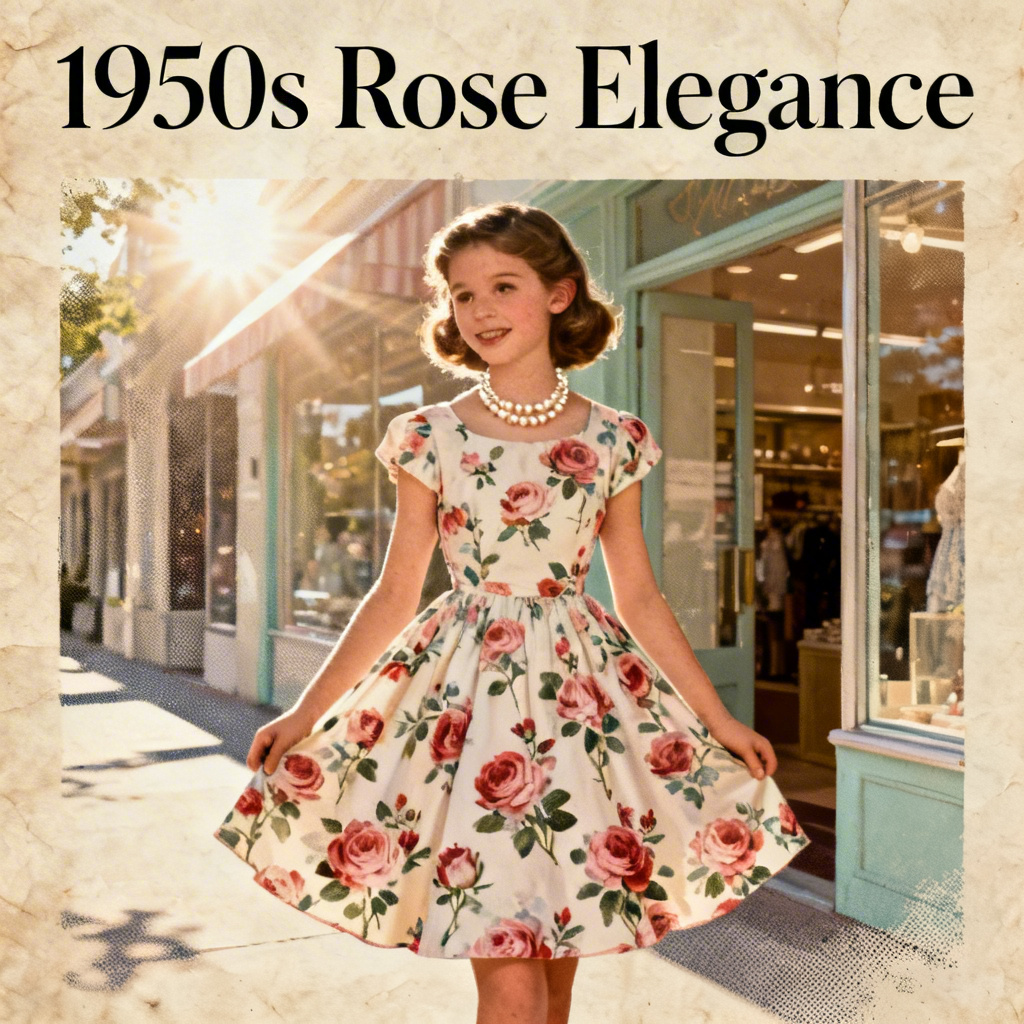 Retro AI poster girl in a rose-print vintage dress