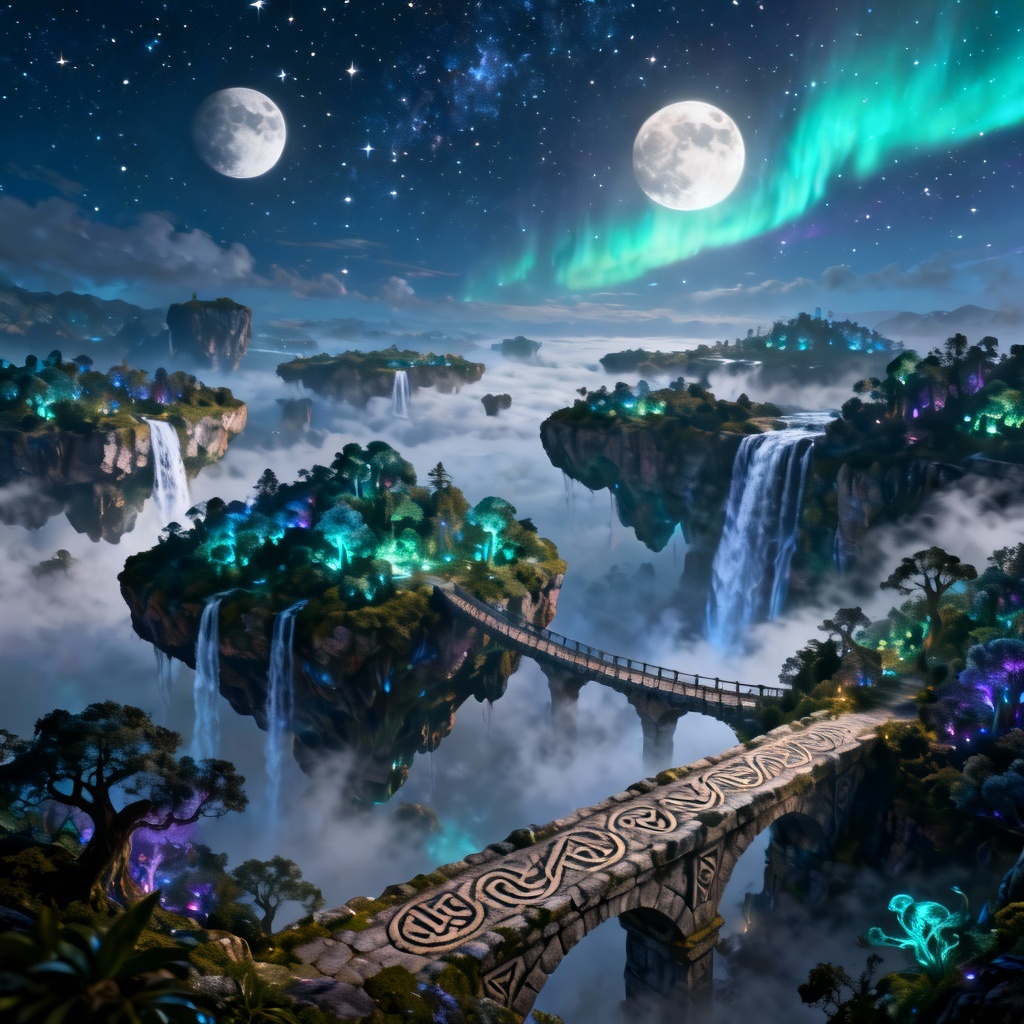 AI mythical floating island world with waterfalls and aurora