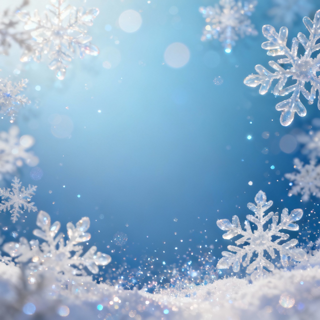 Icy blue bokeh Christmas background with snowflakes