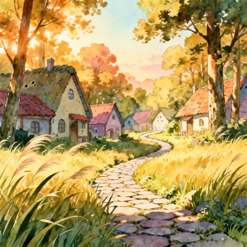 AI Ghibli-style forest village illustration with warm sunset light