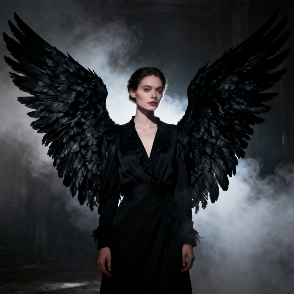 Dark angel with black wings in moody lighting