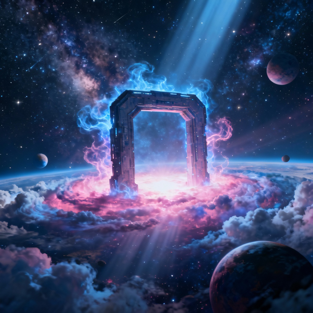 AI outer space generator hero image featuring a cosmic gateway over a glowing nebula