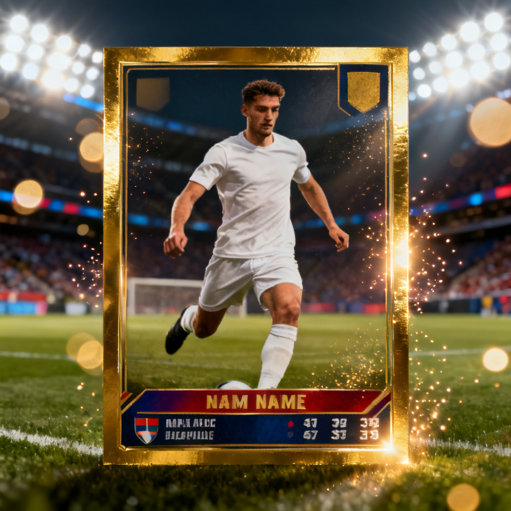 AI-generated gold football player card with dynamic stadium background