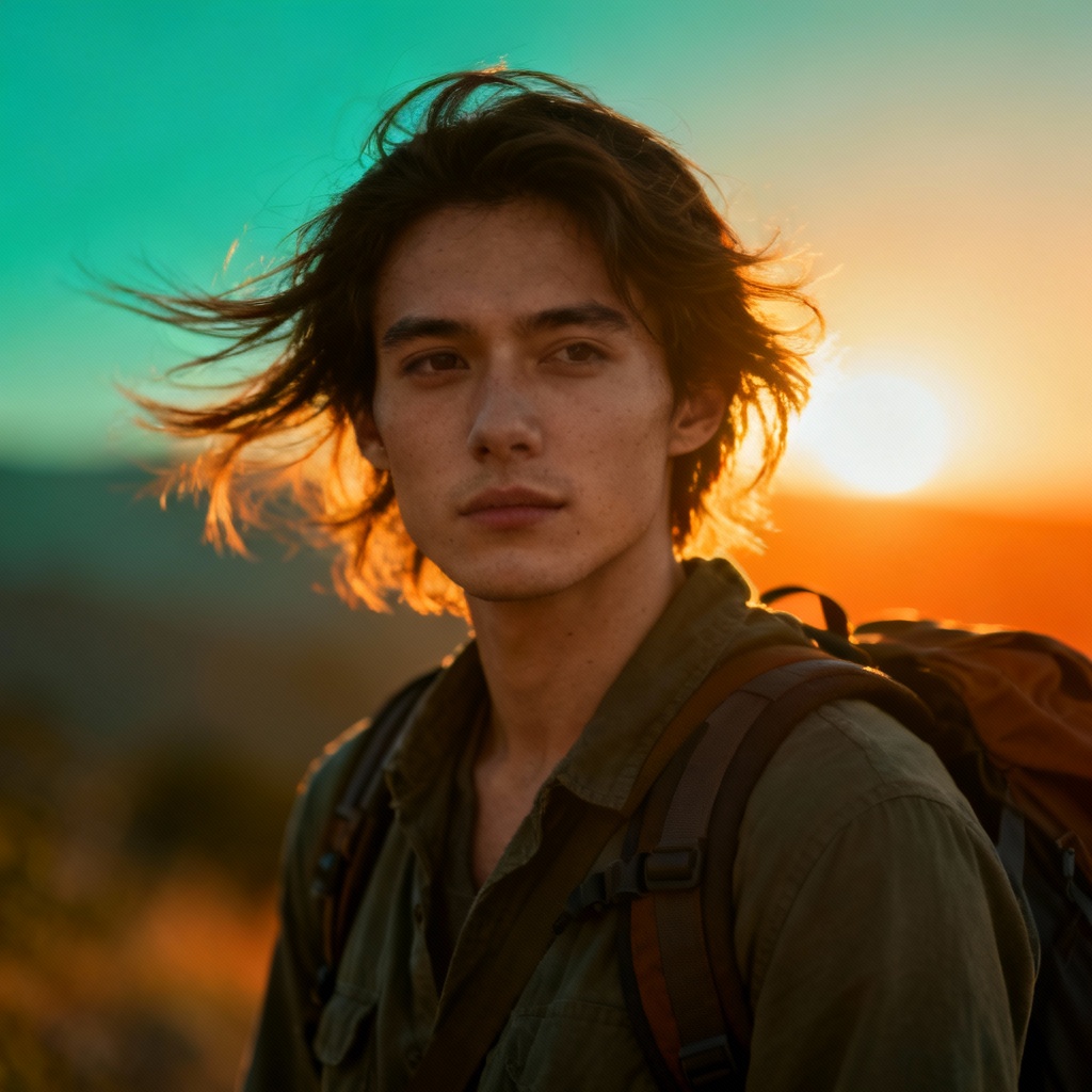 AI cinematic calm traveler portrait