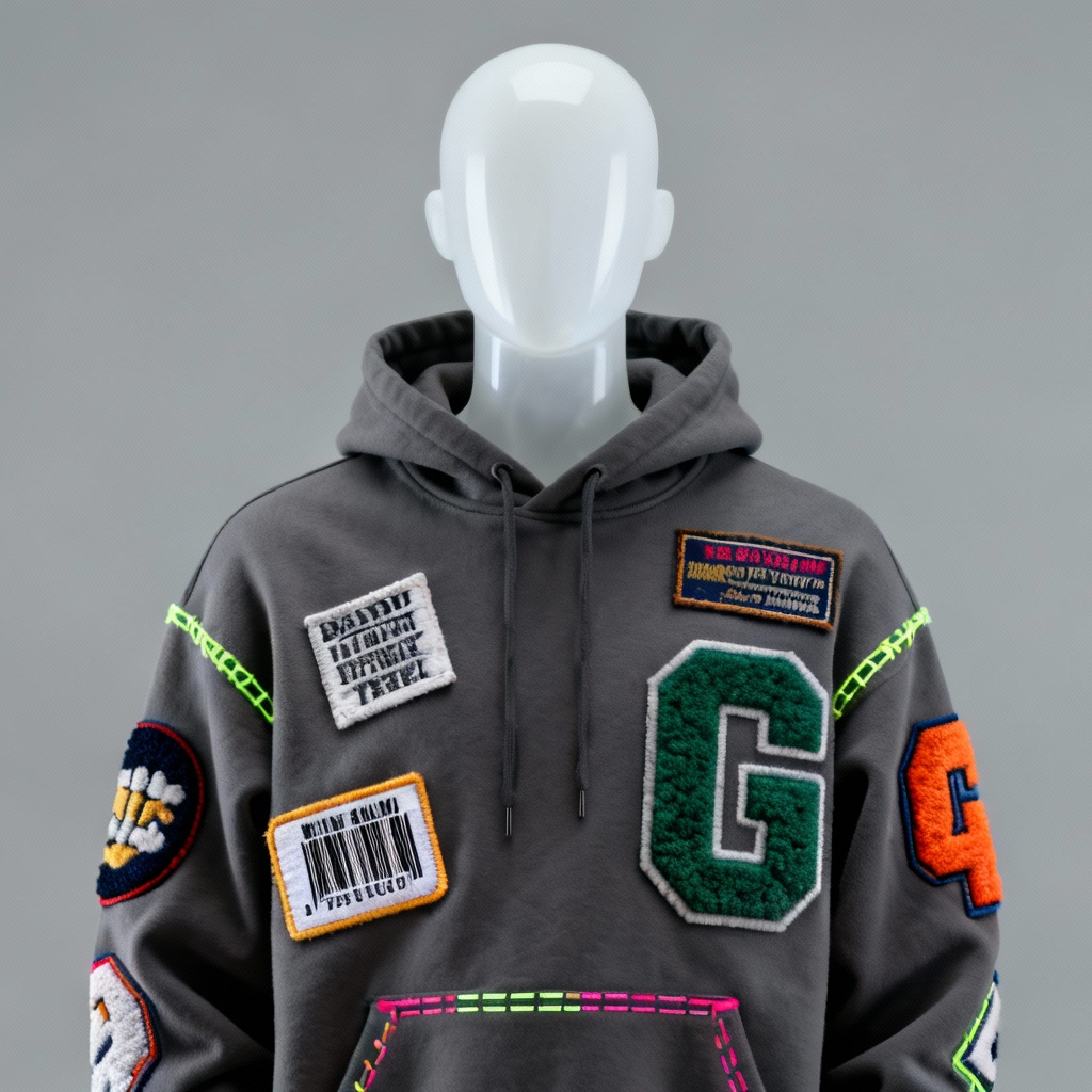 AI streetwear hoodie with patches and embroidery