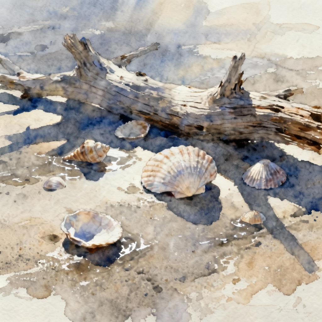 Watercolor seashell still life with coastal tones