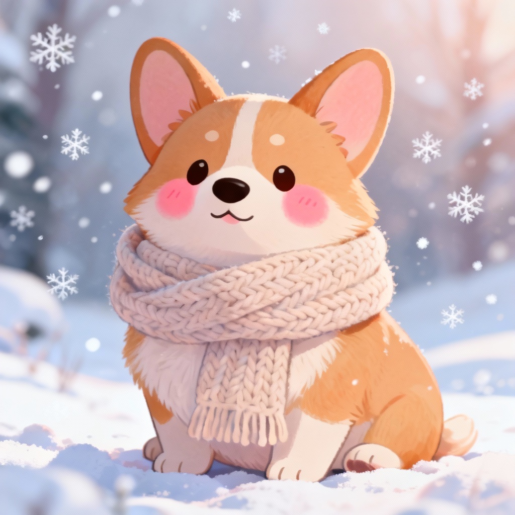 AI chibi corgi with oversized scarf in snow